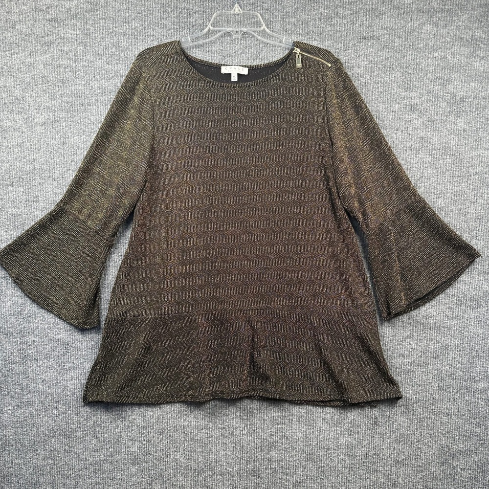 Chaus New York XL Gold Black Metallic Bell Sleeve Peplum Blouse Shoulder Zipper